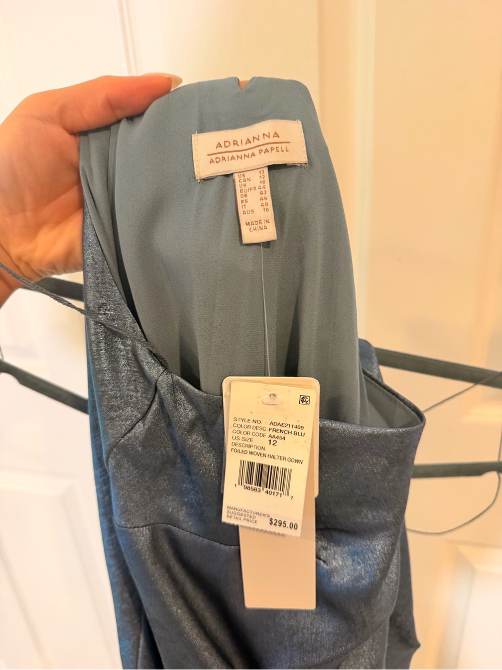 NWT ADRIANNA FOILED SATIN MERMAID GOWN HALTER NECKLINE FRENCH BLUE - Picture 9 of 9